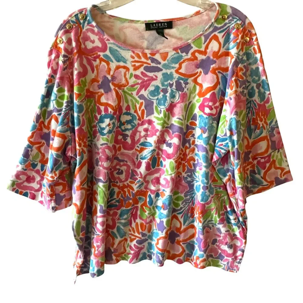 Lauren Ralph Lauren Artsy Floral Top Womens Size 3X Colorful 3/4 Sleeve Knit Tee